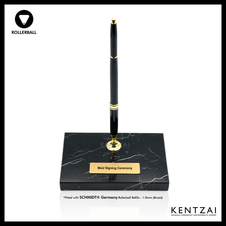 KENTZAI Desk Pen Stand - Black MARBLE Marquina Gold Trim - (SINGLE Pen) - ROLLERBALL - Signing Ceremony Set