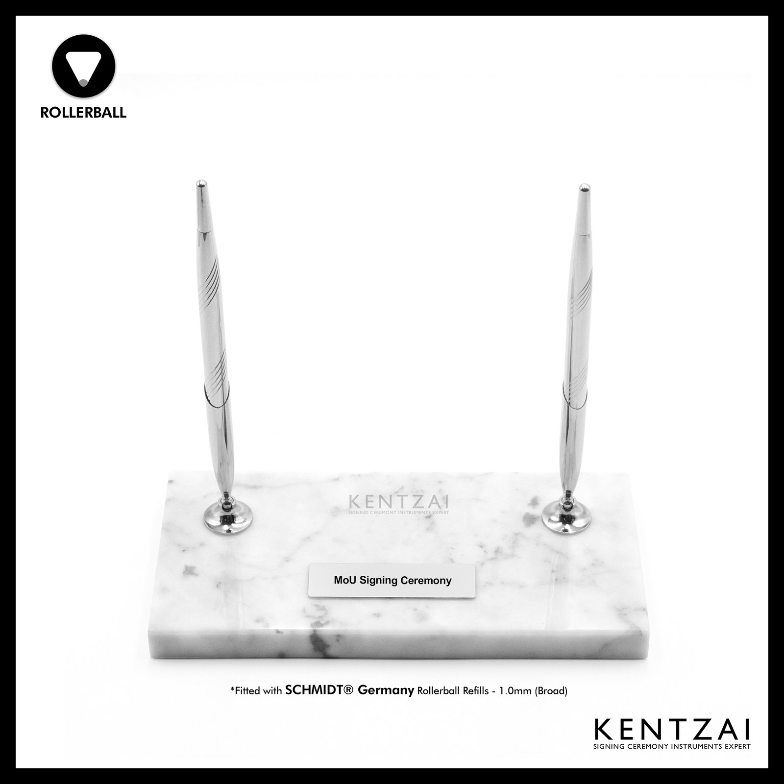 KENTZAI Desk Pen Stand - WHITE Marble Carrara Chrome Trim (DOUBLE Pens) - FULL CHROME ROLLERBALL - Signing Ceremony Set - KSGILLS.com | The Writing Instruments Expert