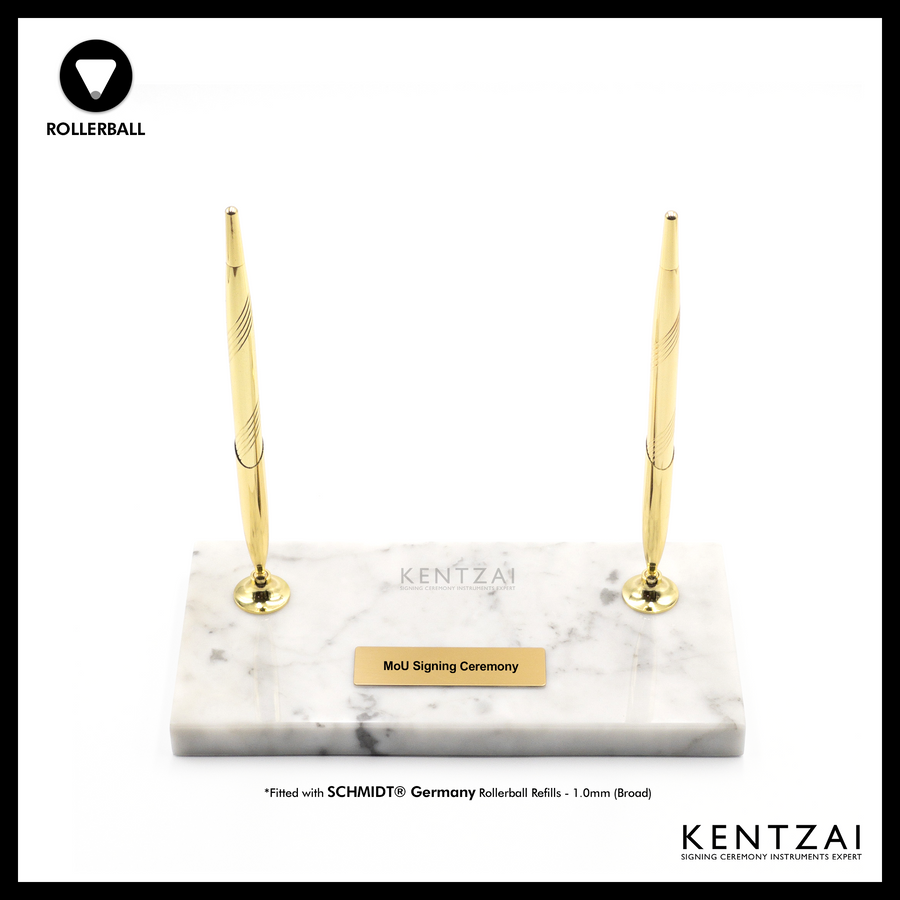 KENTZAI Desk Pen Stand - WHITE Marble Carrara Gold Trim (DOUBLE Pens) - FULL GOLD ROLLERBALL - Signing Ceremony Set - KSGILLS.com | The Writing Instruments Expert