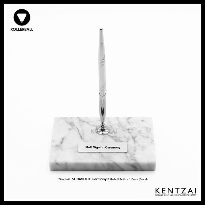 KENTZAI Desk Pen Stand - WHITE Marble Carrara Chrome Trim (SINGLE Pen) - FULL CHROME ROLLERBALL - Signing Ceremony Set - KSGILLS.com | The Writing Instruments Expert