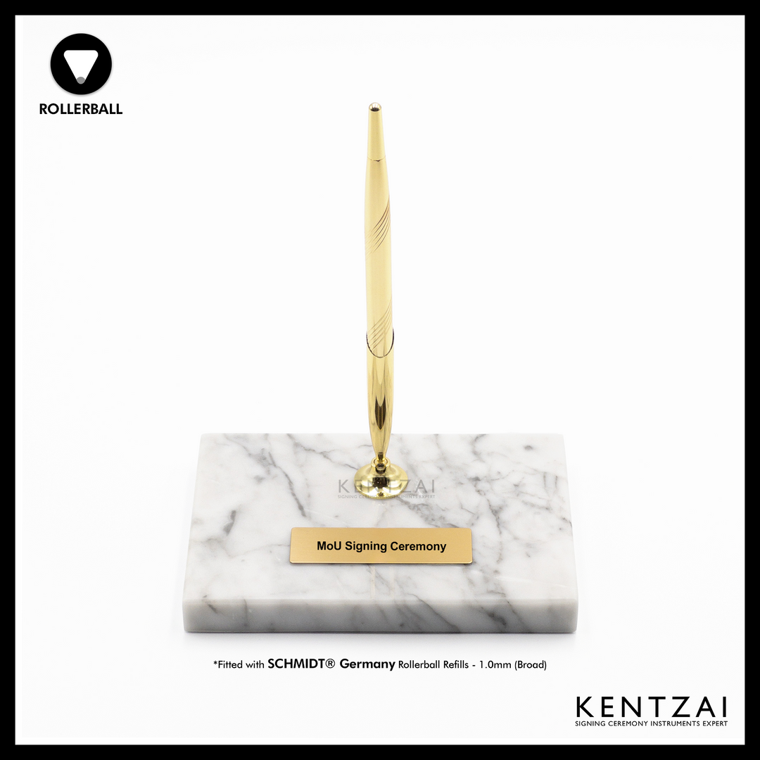 KENTZAI Desk Pen Stand - WHITE Marble Carrara Gold Trim (SINGLE Pen) - FULL GOLD ROLLERBALL - Signing Ceremony Set - KSGILLS.com | The Writing Instruments Expert