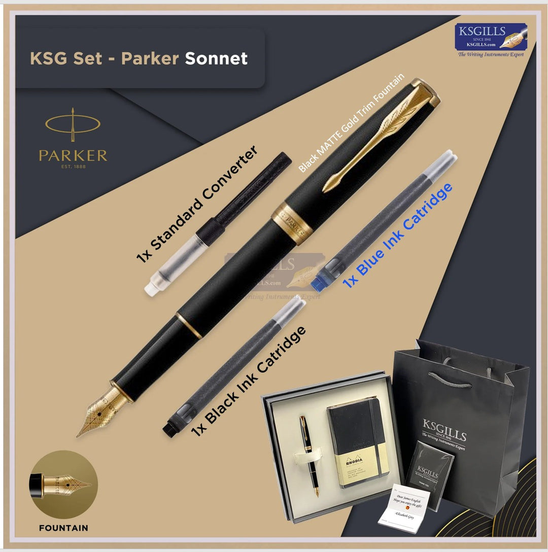 KSG set - Notebook SET & SINGLE Pen (Parker Sonnet Standard) Fountain Pen (M) - Black Gold Trim (MATTE) with RHODIA A6 Notebook