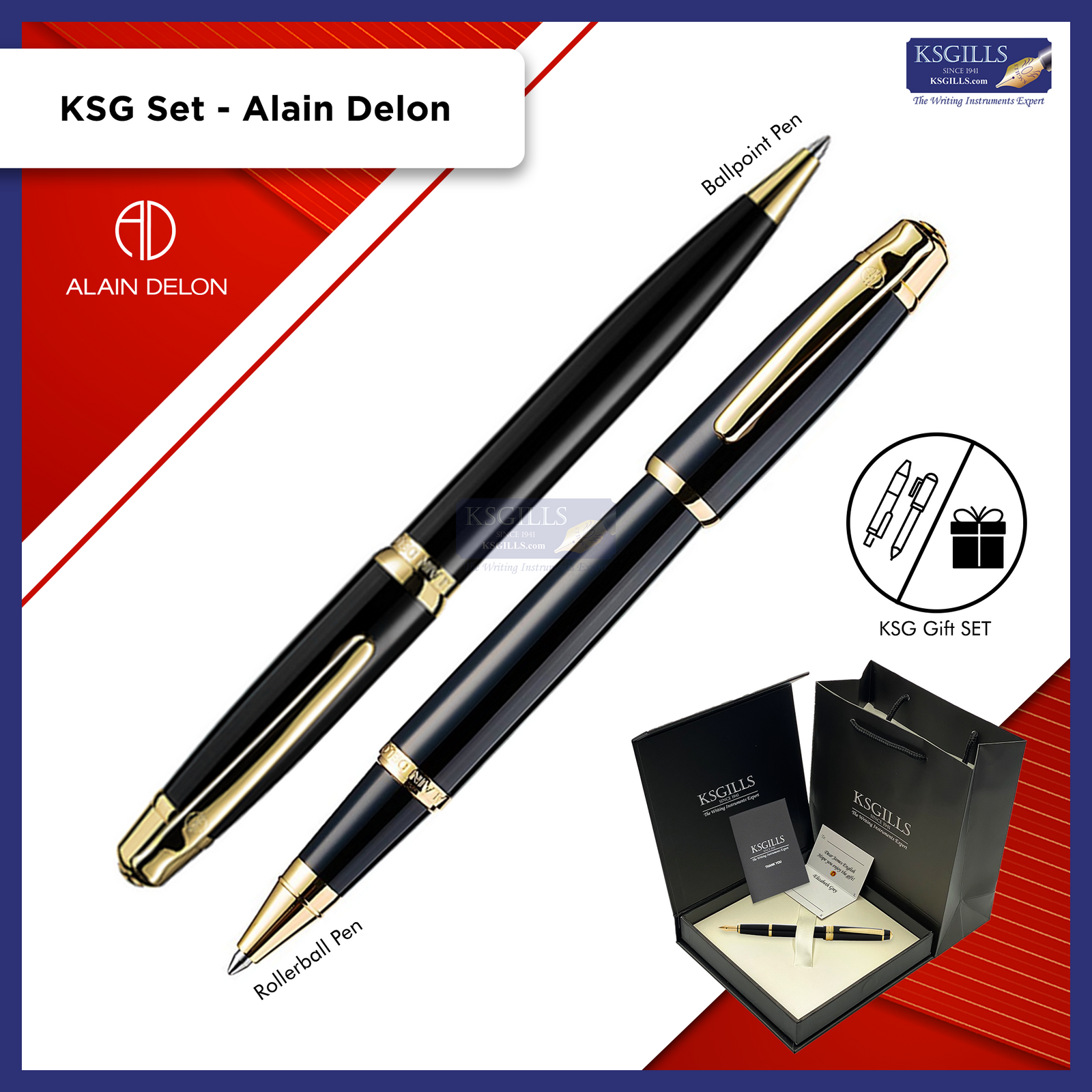 KSG set - Alain Delon Deco Rollerball & Ballpoint Pen - Black Gold Trim (with KSGILLS Premium Gift Box) - KSGILLS.com | The Writing Instruments Expert
