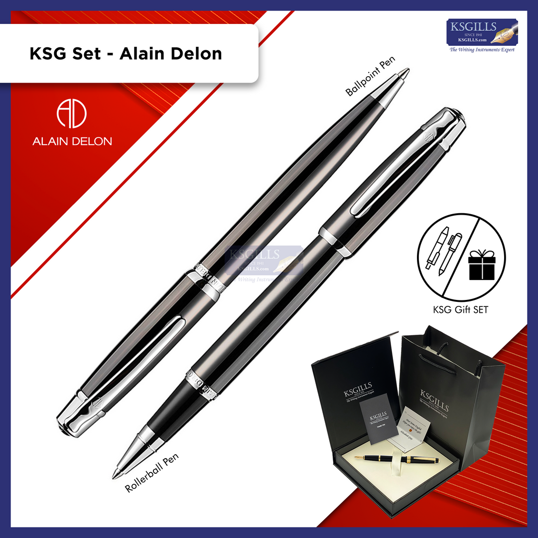 KSG set - Alain Delon Deco Rollerball & Ballpoint Pen - Grey Titanium Chrome Trim (with KSGILLS Premium Gift Box) - KSGILLS.com | The Writing Instruments Expert