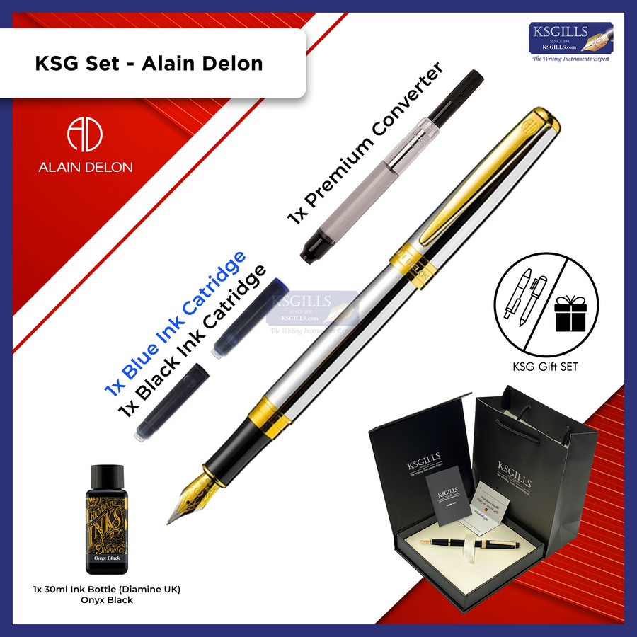KSG set - Alain Delon Moritz Fountain Pen - Glossy Chrome Gold Trim - Double Broad (BB) - (with KSGILLS Premium Gift Box) - KSGILLS.com | The Writing Instruments Expert