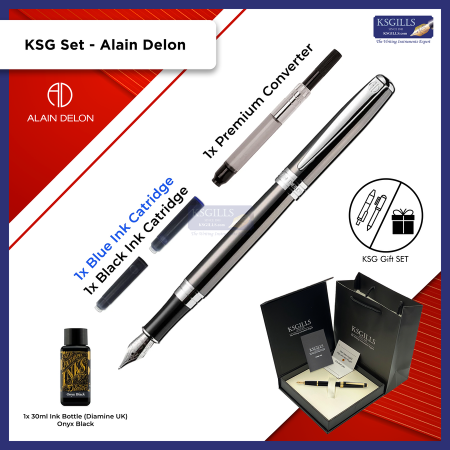 KSG set - Alain Delon Moritz Fountain Pen - Titanium (Dark Grey) Chrome Trim - Double Broad (BB) - KSGILLS.com | The Writing Instruments Expert