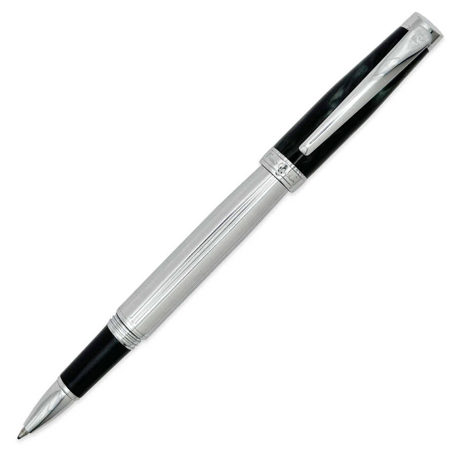Pierre Cardin Merlot Rollerball Pen - Silver Body Black Marble Cap Chrome Trim (with LASER Engraving) - KSGILLS.com | The Writing Instruments Expert
