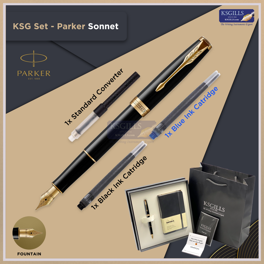 KSG set - Notebook SET & SINGLE Pen (Parker Sonnet Essentials) Fountain Pen (M) - Black Gold Trim (Lacquer Shinny) with RHODIA A6 Notebook - KSGILLS.com | The Writing Instruments Expert