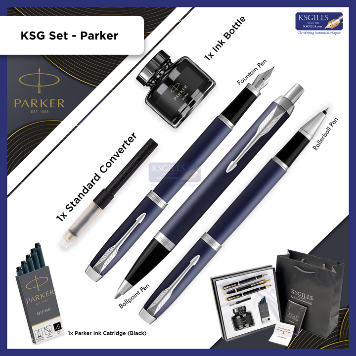 KSG set - THREE (3) Pens SET - Parker IM Fountain, Rollerball & Ballpoint Pen - [Various Colours]