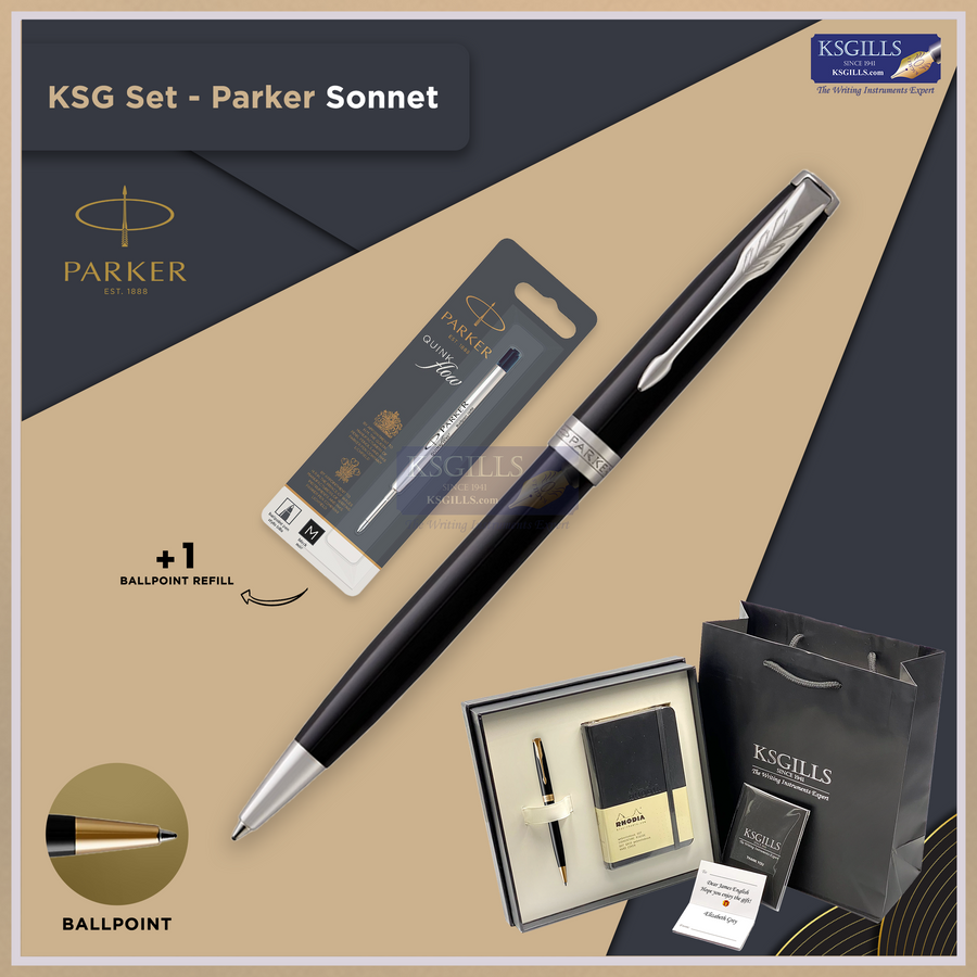 KSG set - Notebook SET & SINGLE Pen (Parker Sonnet Essentials) Ballpoint Pen - Black Chrome Trim (Lacquer Shinny) with RHODIA A6 Notebook - KSGILLS.com | The Writing Instruments Expert