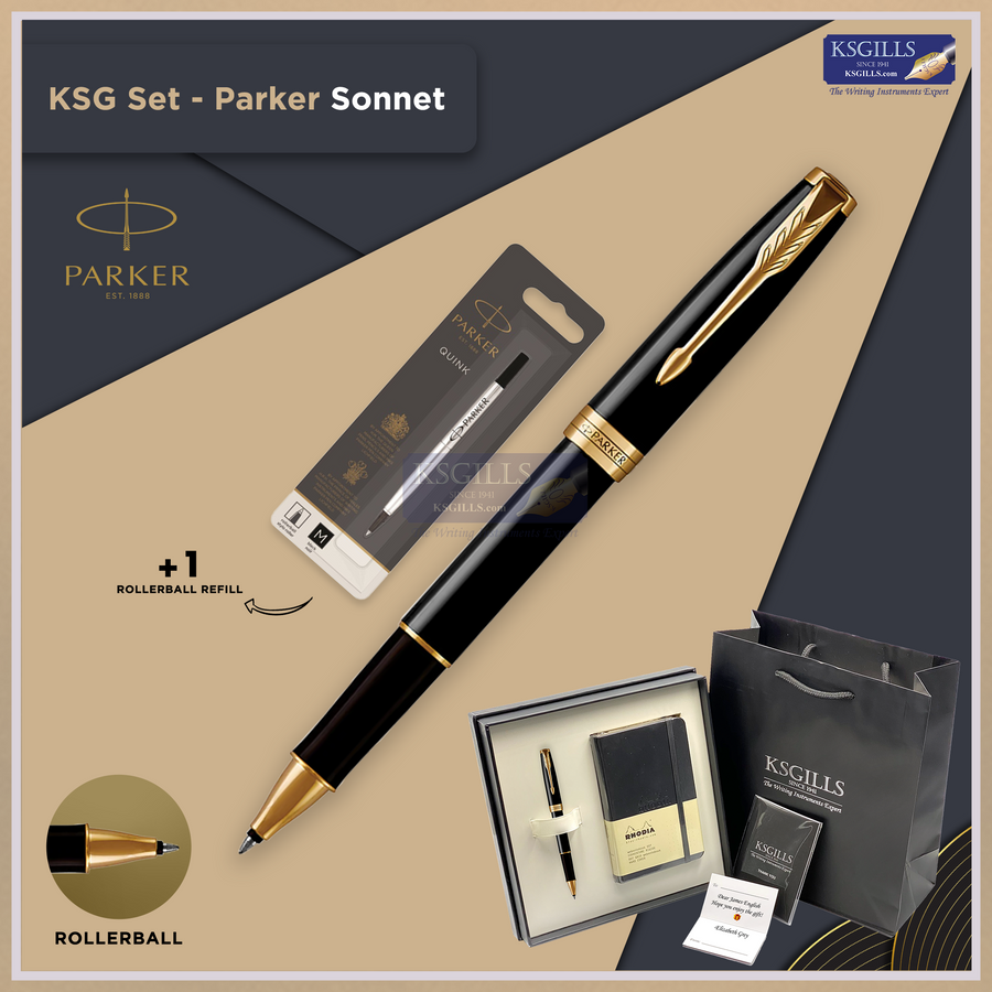 KSG set - Notebook SET & SINGLE Pen (Parker Sonnet Essentials) Rollerball Pen - Black Gold Trim (Lacquer Shinny) with RHODIA A6 Notebook - KSGILLS.com | The Writing Instruments Expert