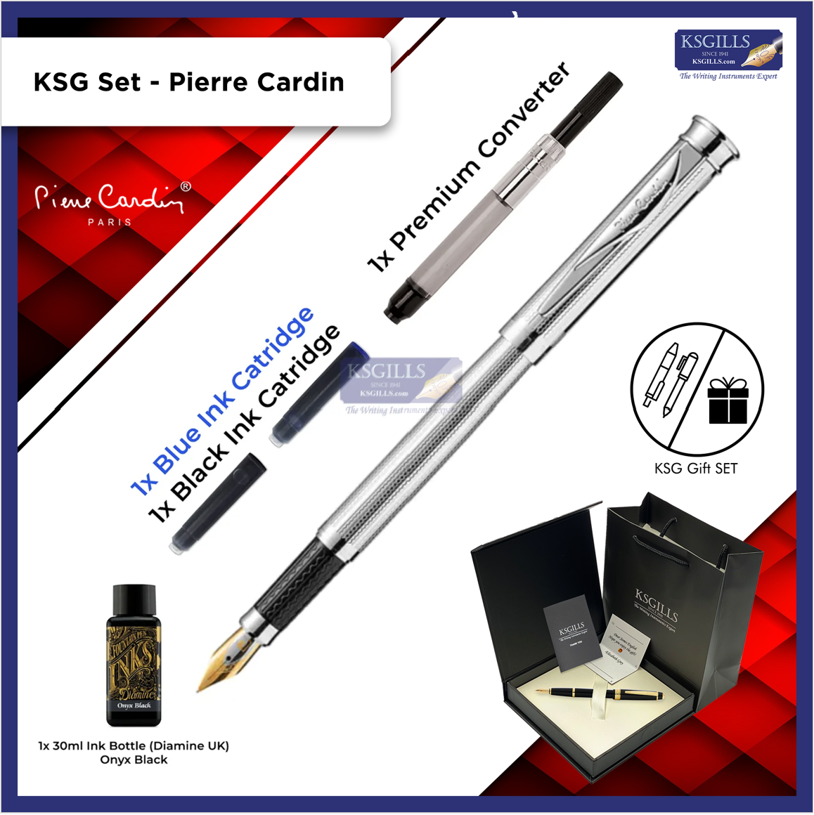 KSG Set - Pierre Cardin Pluto Premium Fountain Pen - Stainless Steel Shinny Chrome Trim (with LASER Engraving) - KSGILLS.com | The Writing Instruments Expert