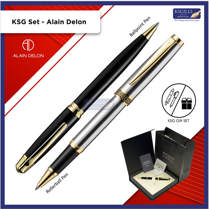 KSG set - Alain Delon Rollerball PREMIUM Size (Florence Steel Gold Trim) & Ballpoint Pen (Deco Black Gold Trim)