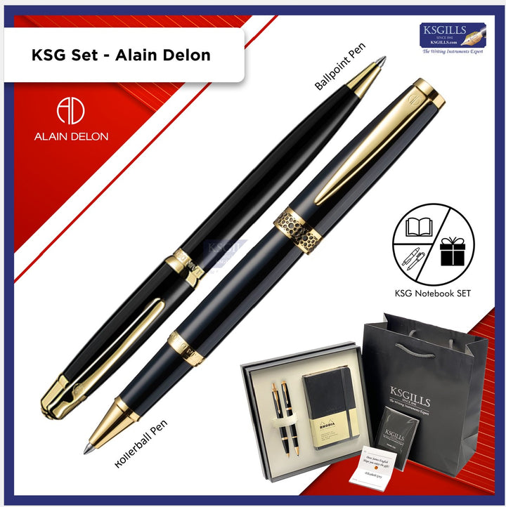 KSG set - Double Pens - Alain Delon Rollerball PREMIUM Size (Florence Black Gold Trim) & Ballpoint Pen (Deco Black Gold Trim) with Luxury Gift Box (BIG) + Notebook