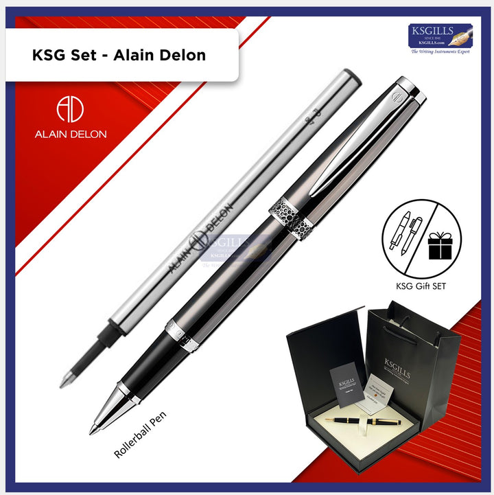 KSG set - Single Pen SET - Alain Delon Florence Rollerball Pen (PREMIUM Size) Grey Chrome Trim with Additional Rollerball Refill