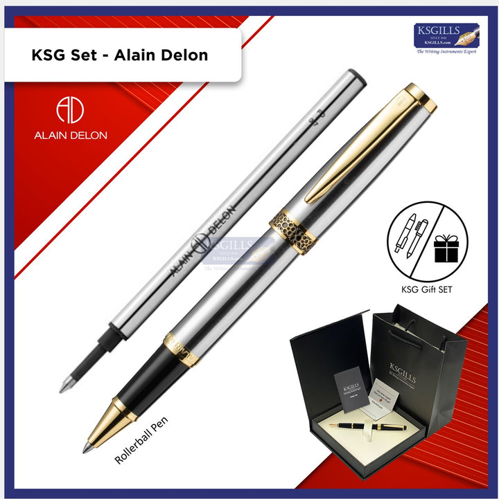 KSG set - Single Pen SET - Alain Delon Florence Rollerball Pen (PREMIUM Size) Steel Gold Trim with Additional Rollerball Refill