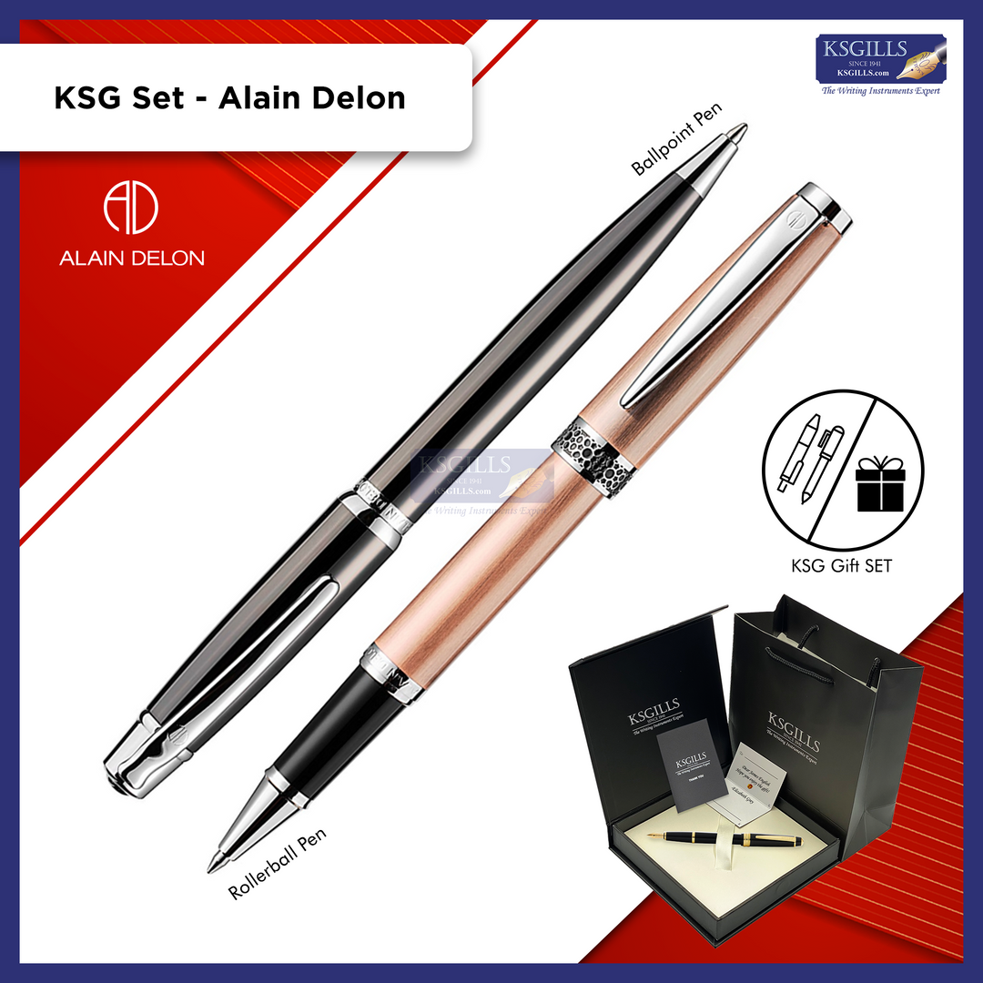 KSG set - Alain Delon Rollerball (Florence Red Copper Chrome Trim) & Ballpoint Pen (Deco Grey Titanium Chrome Trim) - KSGILLS.com | The Writing Instruments Expert