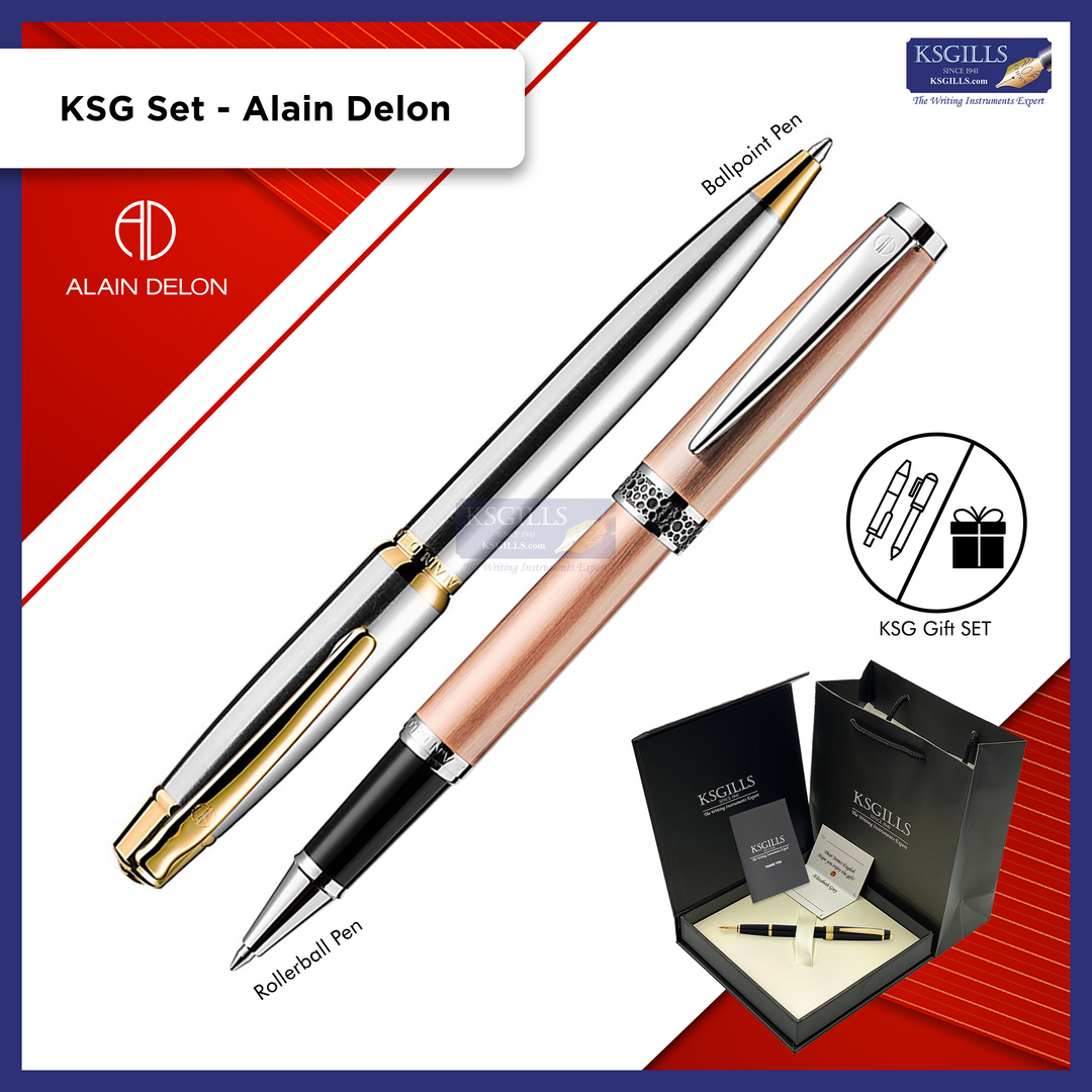 KSG set - Alain Delon Rollerball (Florence Red Copper Chrome Trim) & Ballpoint Pen (Deco Steel Gold Trim) - KSGILLS.com | The Writing Instruments Expert