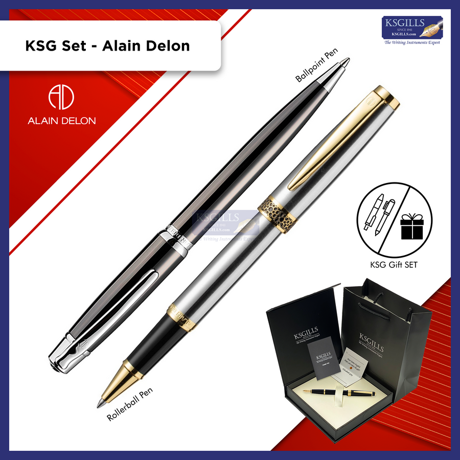 KSG set - Alain Delon Rollerball (Florence Steel Gold Trim) & Ballpoint Pen (Deco Grey Titanium Chrome Trim) - KSGILLS.com | The Writing Instruments Expert
