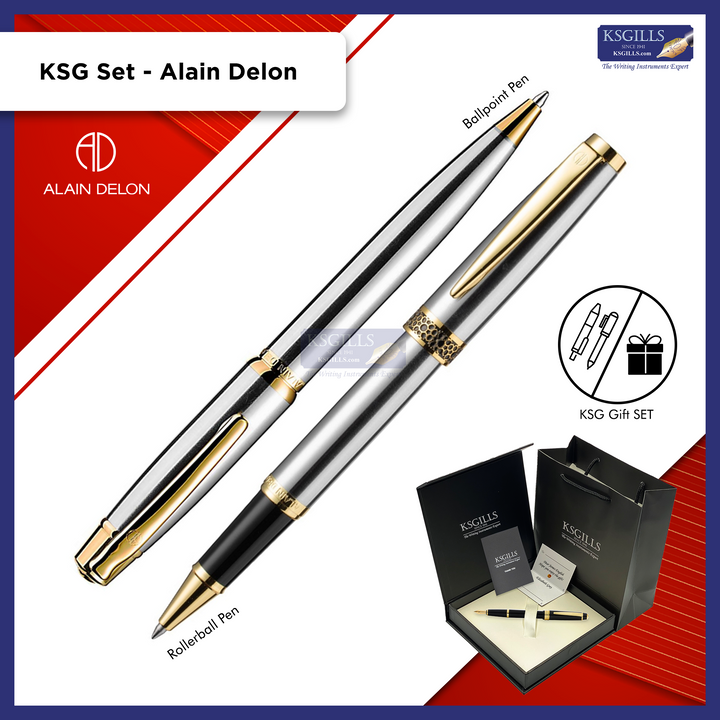 KSG set - Alain Delon Rollerball (Florence Steel Gold Trim) & Ballpoint Pen (Deco Steel Gold Trim) - KSGILLS.com | The Writing Instruments Expert