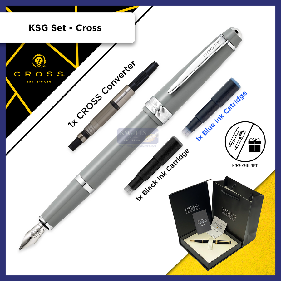 KSG set - Cross Bailey Light Fountain Pen SET - Glossy Polished Grey Resin Chrome Trim - KSGILLS.com | The Writing Instruments Expert