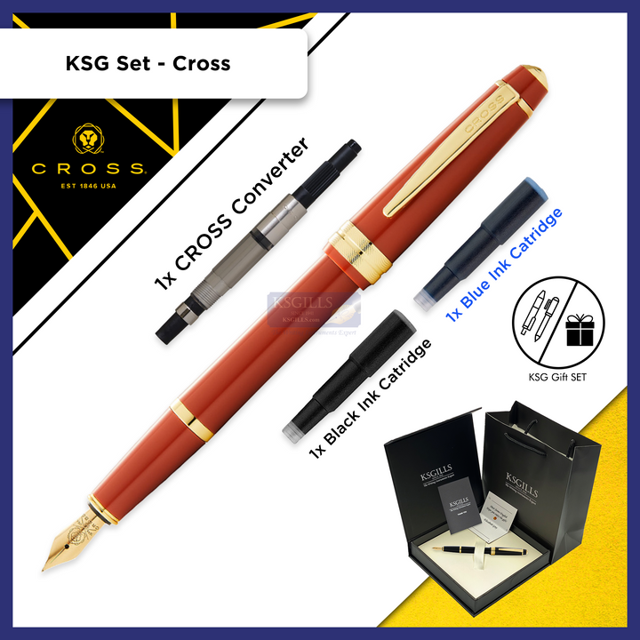 KSG set - Cross Bailey Light Fountain Pen SET - Red Amber Gold Trim Glossy Polished Resin - KSGILLS.com | The Writing Instruments Expert