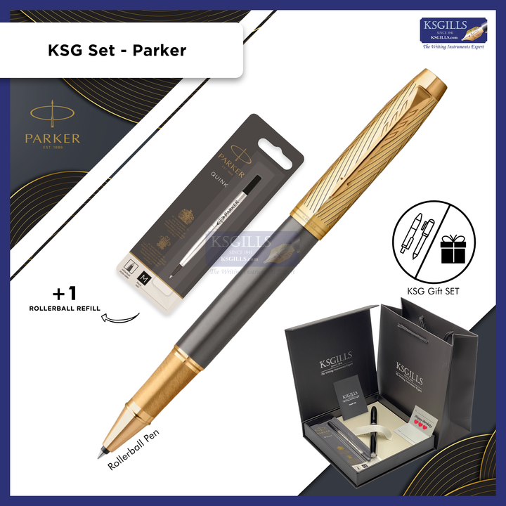 KSG set - Parker IM Premium Pioneers Rollerball Pen - Grey Gold Trim Arrow (with KSGILLS Premium Gift Box)