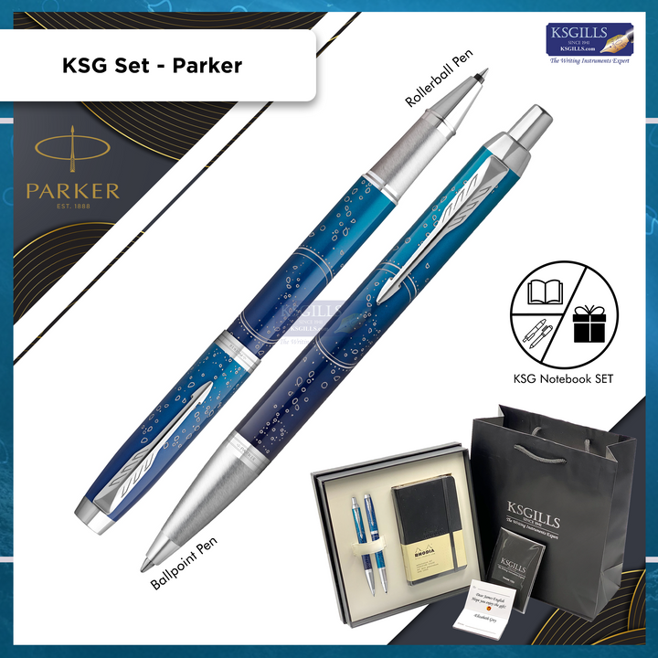 KSG set - Notebook SET & Double Pens (Parker IM PREMIUM Frontier Rollerball & Ballpoint Pen - Blue Submerge Chrome Trim) with RHODIA A6 Notebook - KSGILLS.com | The Writing Instruments Expert