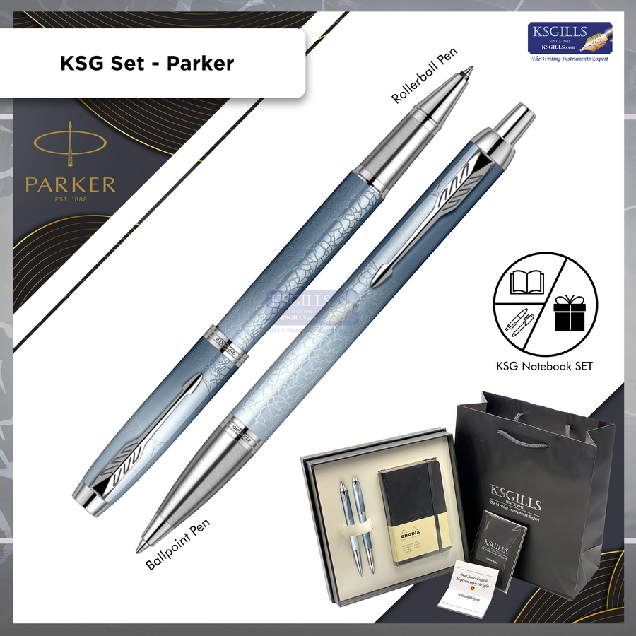 KSG set - Notebook SET & Double Pens (Parker IM PREMIUM Frontier Rollerball & Ballpoint Pen - Grey Blue Polar Chrome Trim) with RHODIA A6 Notebook - KSGILLS.com | The Writing Instruments Expert