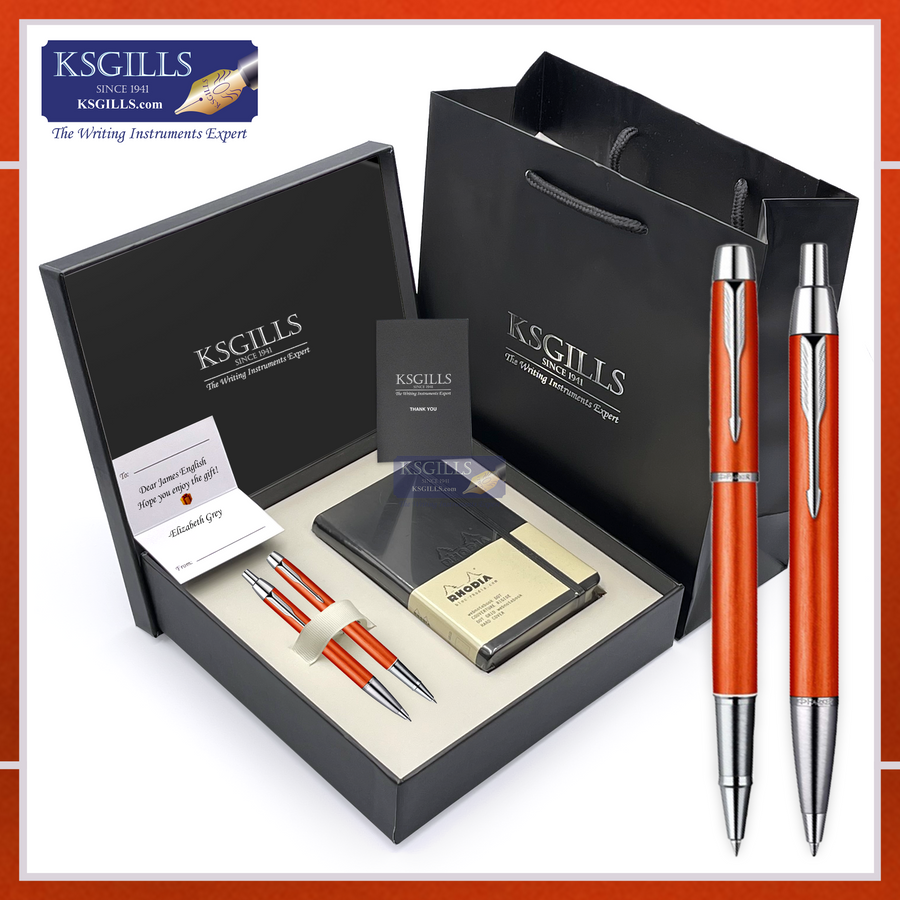 KSG set - Notebook SET & Double Pens (Parker IM Premium Essentials Rollerball & Ballpoint Pen - Big Red Orange Chrome Trim) with RHODIA A6 Notebook - KSGILLS.com | The Writing Instruments Expert
