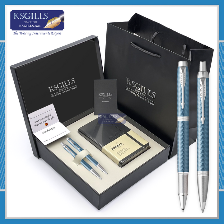 KSG set - Notebook SET & Double Pens (Parker IM Premium Essentials New Rollerball & Ballpoint Pen - Blue Grey Lacquer Chiselled Chrome Trim) with RHODIA A6 Notebook - KSGILLS.com | The Writing Instruments Expert