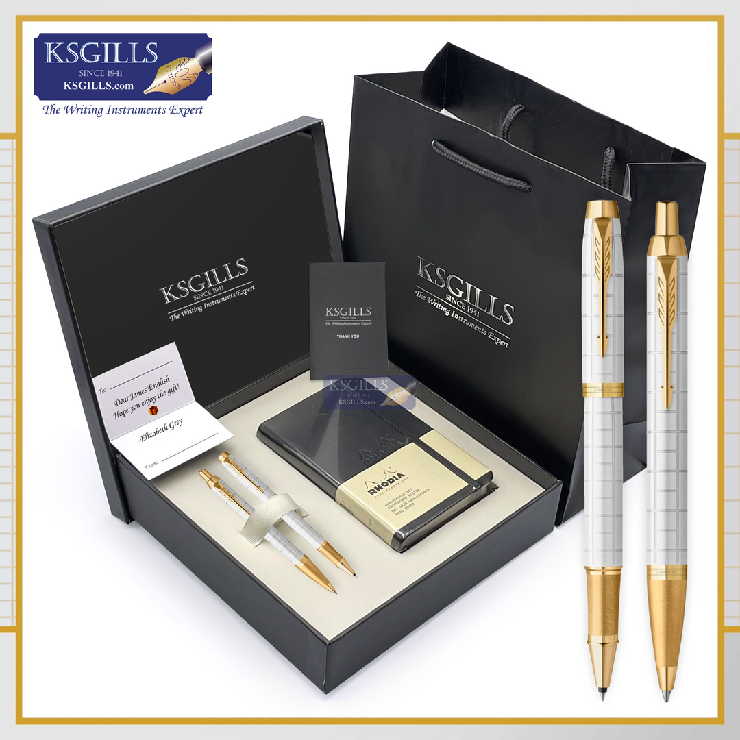 KSG set - Notebook SET & Double Pens (Parker IM Premium Essentials New Rollerball & Ballpoint Pen - Pearl White Chiselled Gold Trim) with RHODIA A6 Notebook - KSGILLS.com | The Writing Instruments Expert