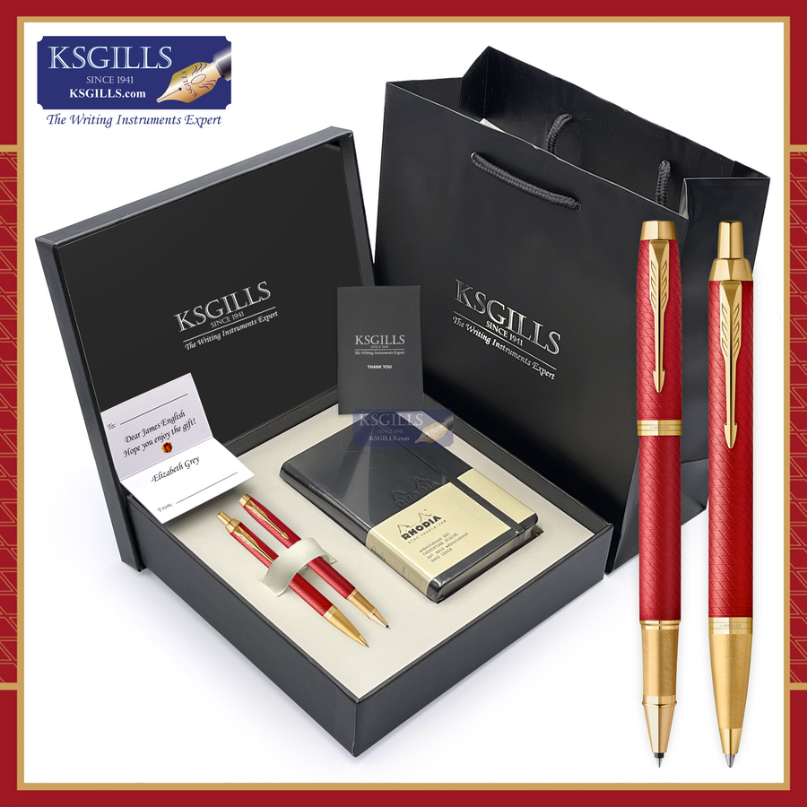 KSG set - Notebook SET & Double Pens (Parker IM Premium Essentials New Chiselled Rollerball & Ballpoint Pen - Red Lacquer Chiselled Gold Trim) with RHODIA A6 Notebook - KSGILLS.com | The Writing Instruments Expert