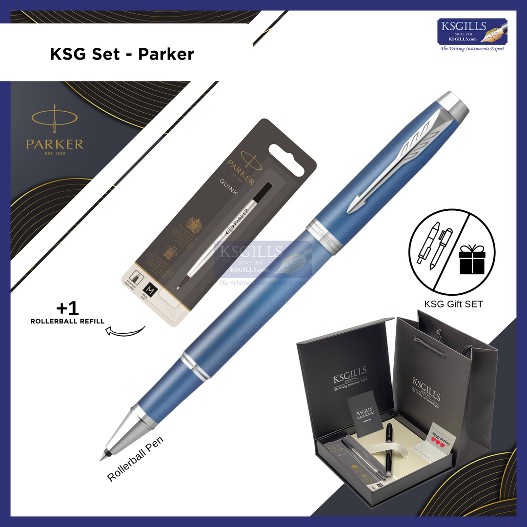KSG set - Parker IM Rollerball Pen - Writing Rituals - Blue Chrome Trim - Refill Black Medium (M)