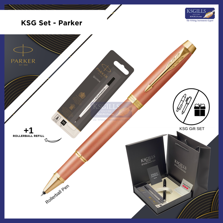 KSG set - Parker IM Rollerball Pen - Writing Rituals - Orange Gold Trim - Refill Black Medium (M)