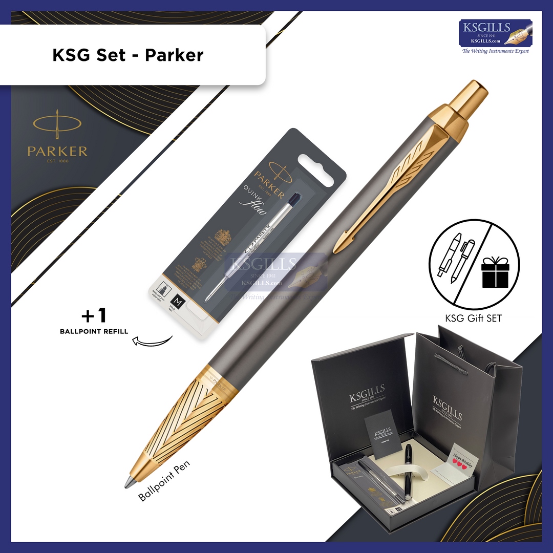 KSG set - Parker IM Premium Pioneers Ballpoint Pen - Grey Gold Trim Arrow (with KSGILLS Premium Gift Box)
