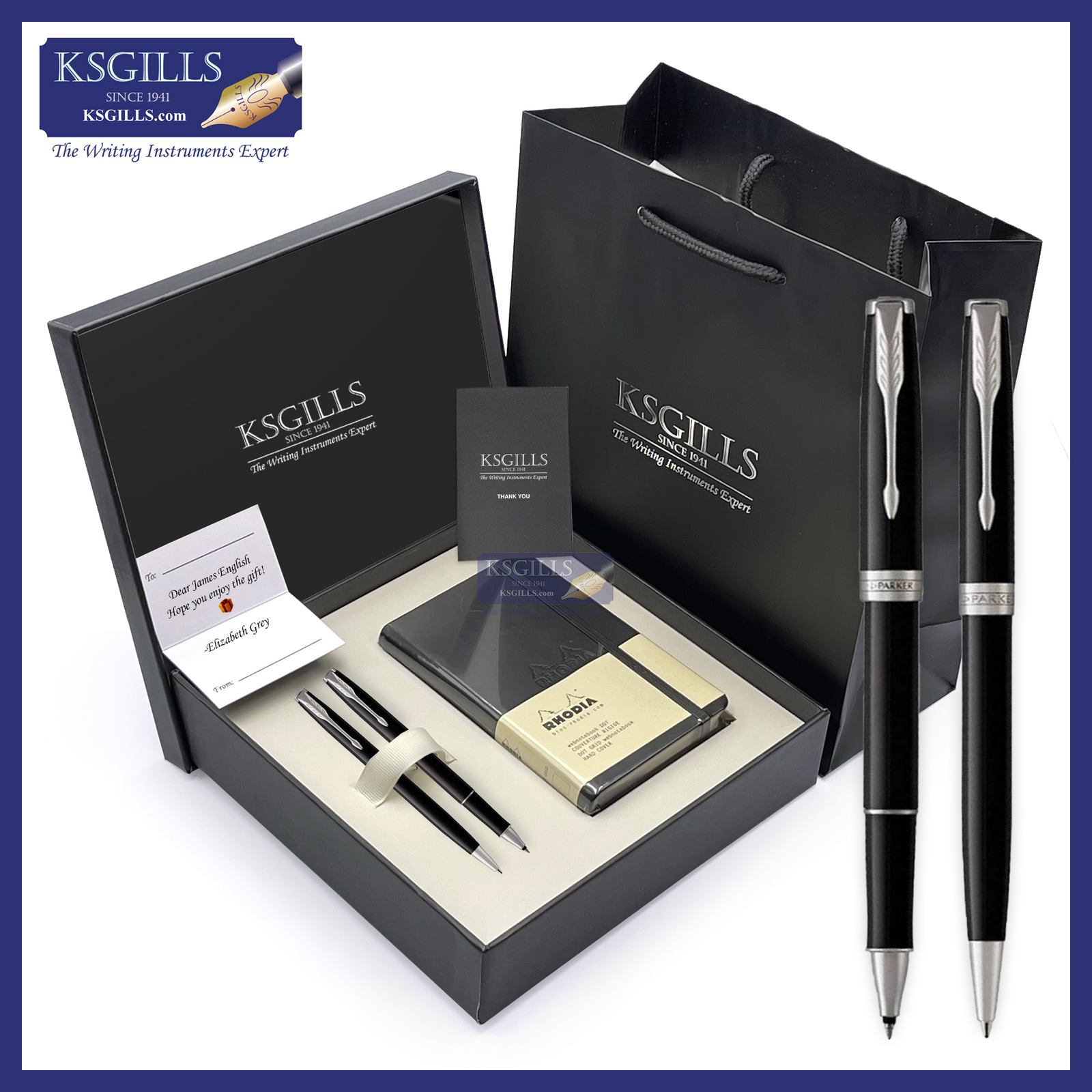 KSG set - Notebook SET & Double Pens (Parker Sonnet Essentials Rollerball & Ballpoint Pen - Black Lacquer Chrome Trim) with RHODIA A6 Notebook - KSGILLS.com | The Writing Instruments Expert