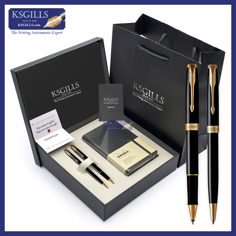 KSG set - Notebook SET & Double Pens (Parker Sonnet Essentials Rollerball & Ballpoint Pen - Black Lacquer Gold Trim) with RHODIA A6 Notebook - KSGILLS.com | The Writing Instruments Expert