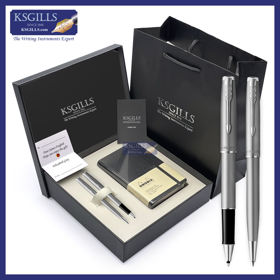 KSG set - Notebook SET & Double Pens (Parker Sonnet Essentials Rollerball & Ballpoint Pen - Brushed Steel CHROME Trim) with RHODIA A6 Notebook - KSGILLS.com | The Writing Instruments Expert