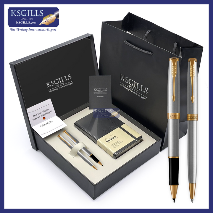 KSG set - Notebook SET & Double Pens (Parker Sonnet Essentials Rollerball & Ballpoint Pen - Brushed Steel GOLD Trim) with RHODIA A6 Notebook - KSGILLS.com | The Writing Instruments Expert