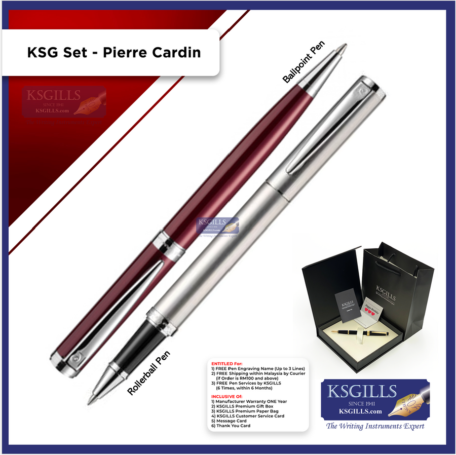 KSG set - Pierre Cardin Rollerball (Aurora Stainless Steel Chrome Trim) & Ballpoint Pen (Newton Red Chrome Trim) - KSGILLS.com | The Writing Instruments Expert