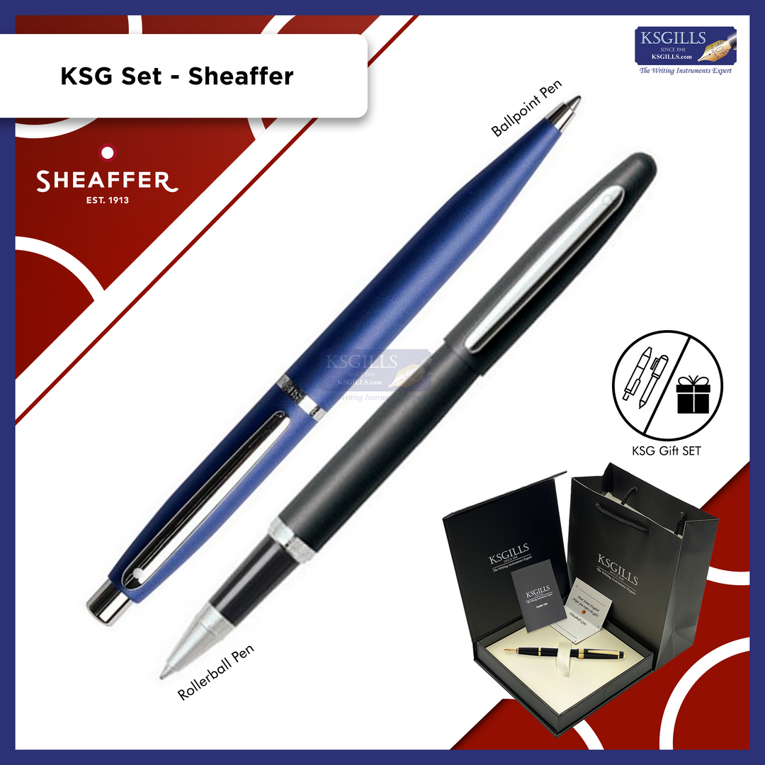 KSG set - Sheaffer VFM SET Rollerball Pen Black Matte & Ballpoint Pen Blue Neon (with KSGILLS Premium Gift Box) - KSGILLS.com | The Writing Instruments Expert