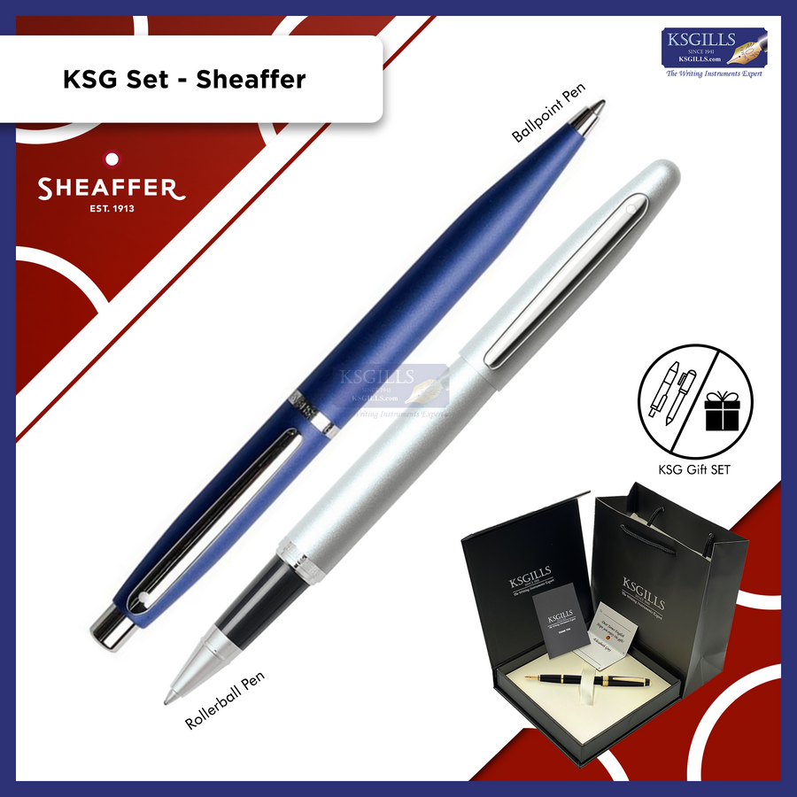 KSG set - Sheaffer VFM SET Rollerball Pen Silver Strobe Nickel & Ballpoint Pen Blue Matte -  (with KSGILLS Premium Gift Box) - KSGILLS.com | The Writing Instruments Expert
