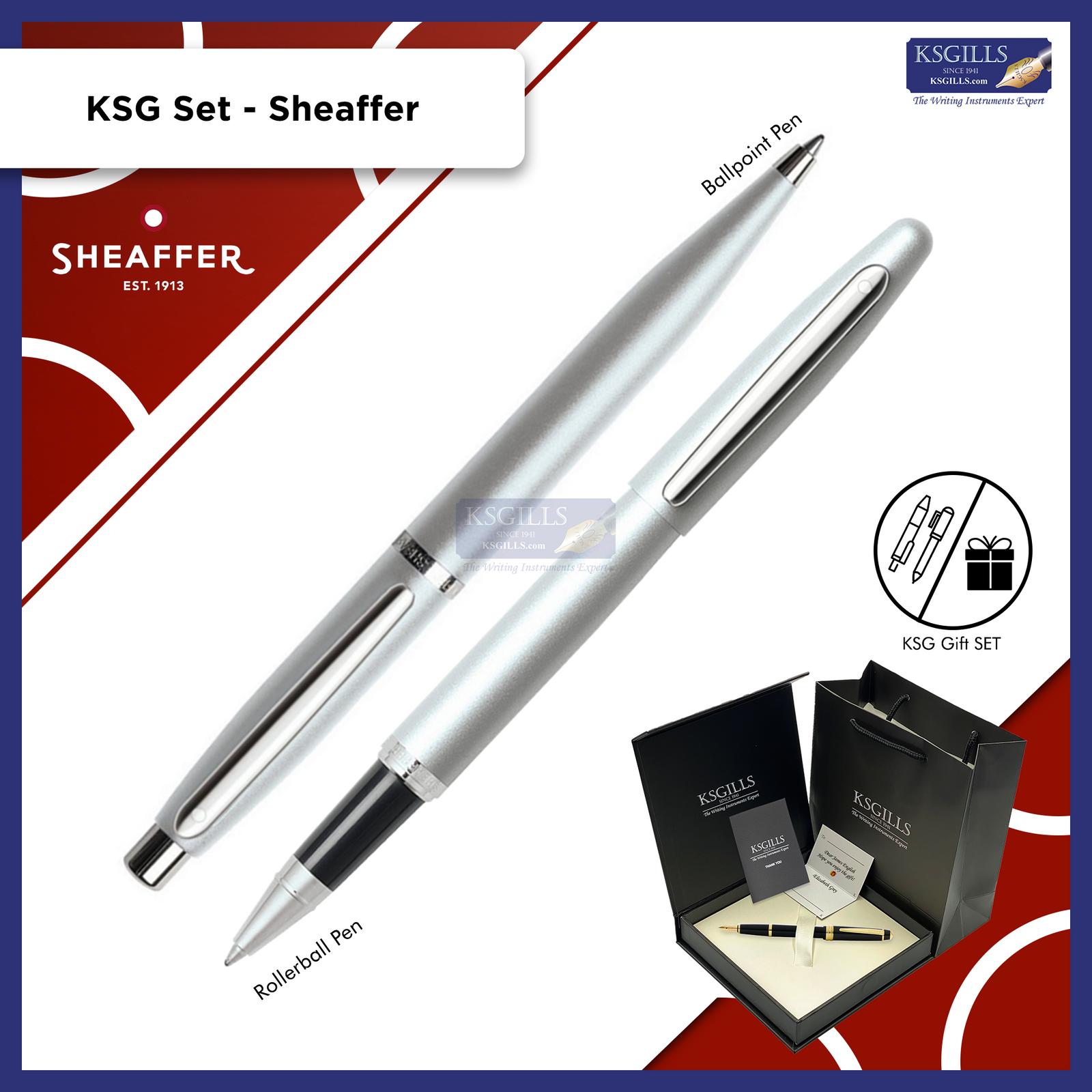 KSG set - Sheaffer VFM SET Rollerball & Ballpoint Pen - Strobe Silver (with KSGILLS Premium Gift Box) - KSGILLS.com | The Writing Instruments Expert