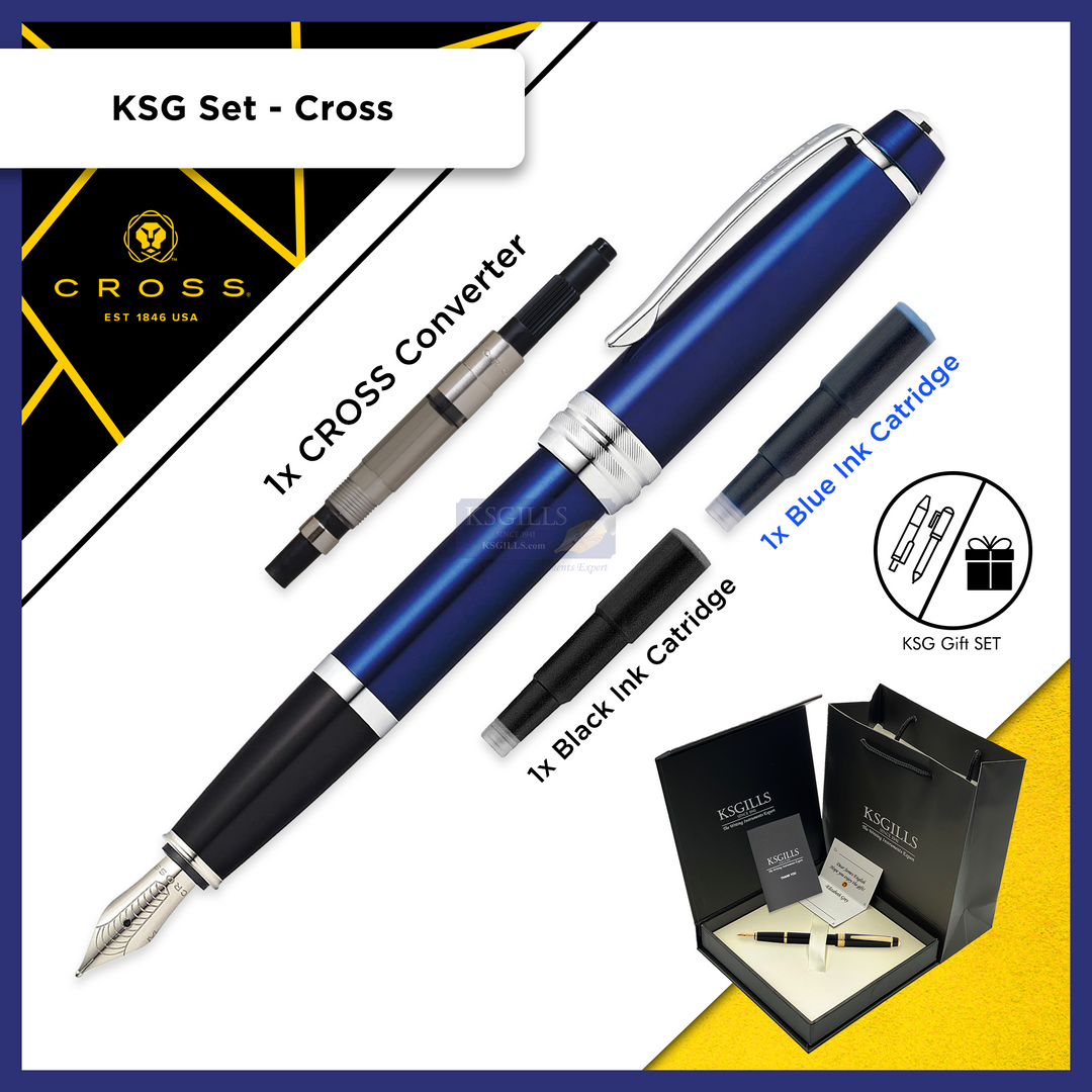 KSG set - Single Pen SET - Cross Bailey Fountain Pen - Blue Chrome Trim - Medium (M) - KSGILLS.com | The Writing Instruments Expert