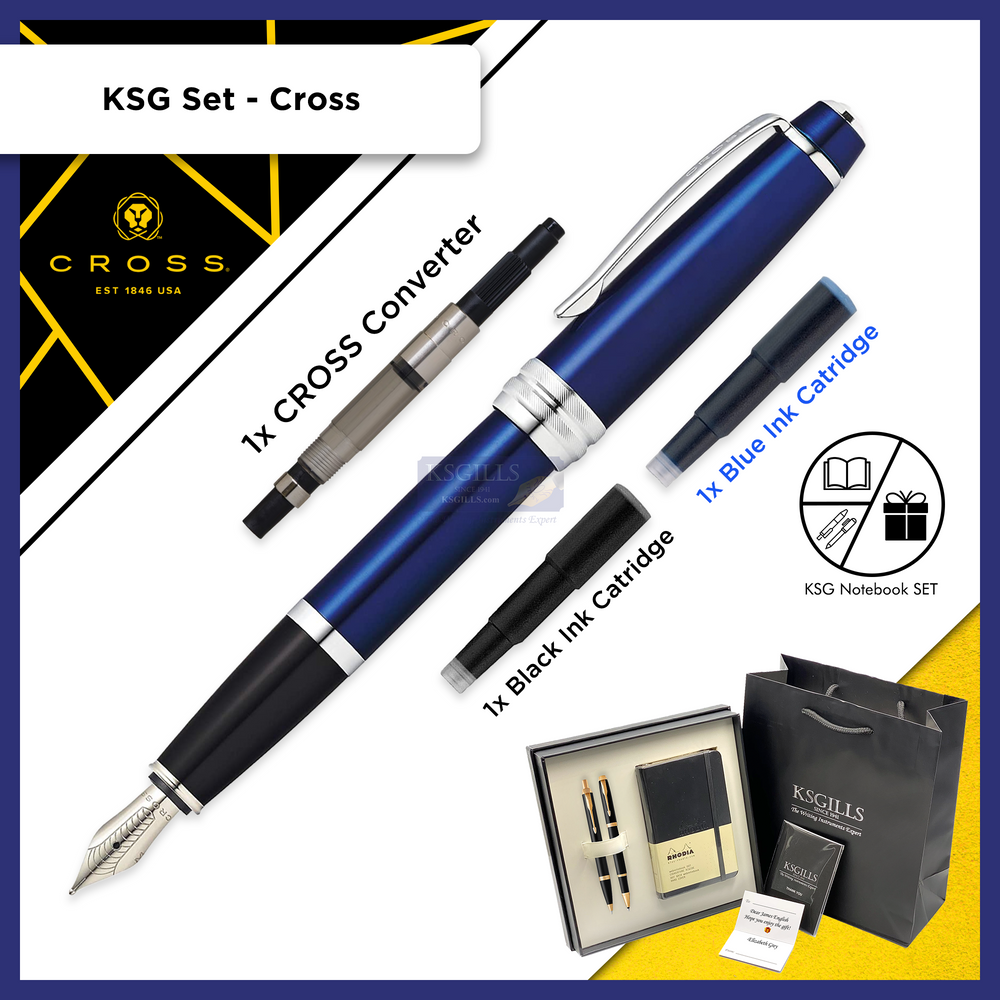 KSG set - Single Pen SET - Cross Bailey Fountain Pen - Blue Chrome Trim - Medium (M) - KSGILLS.com | The Writing Instruments Expert