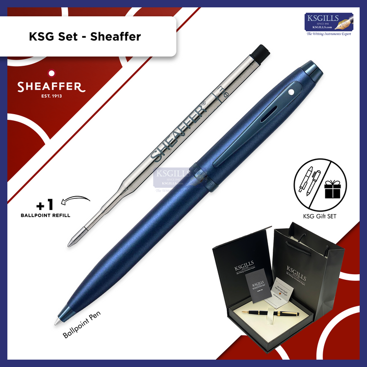 KSG set - Single Pen SET - Sheaffer 100 Ballpoint Pen - Satin Blue Trim PVD