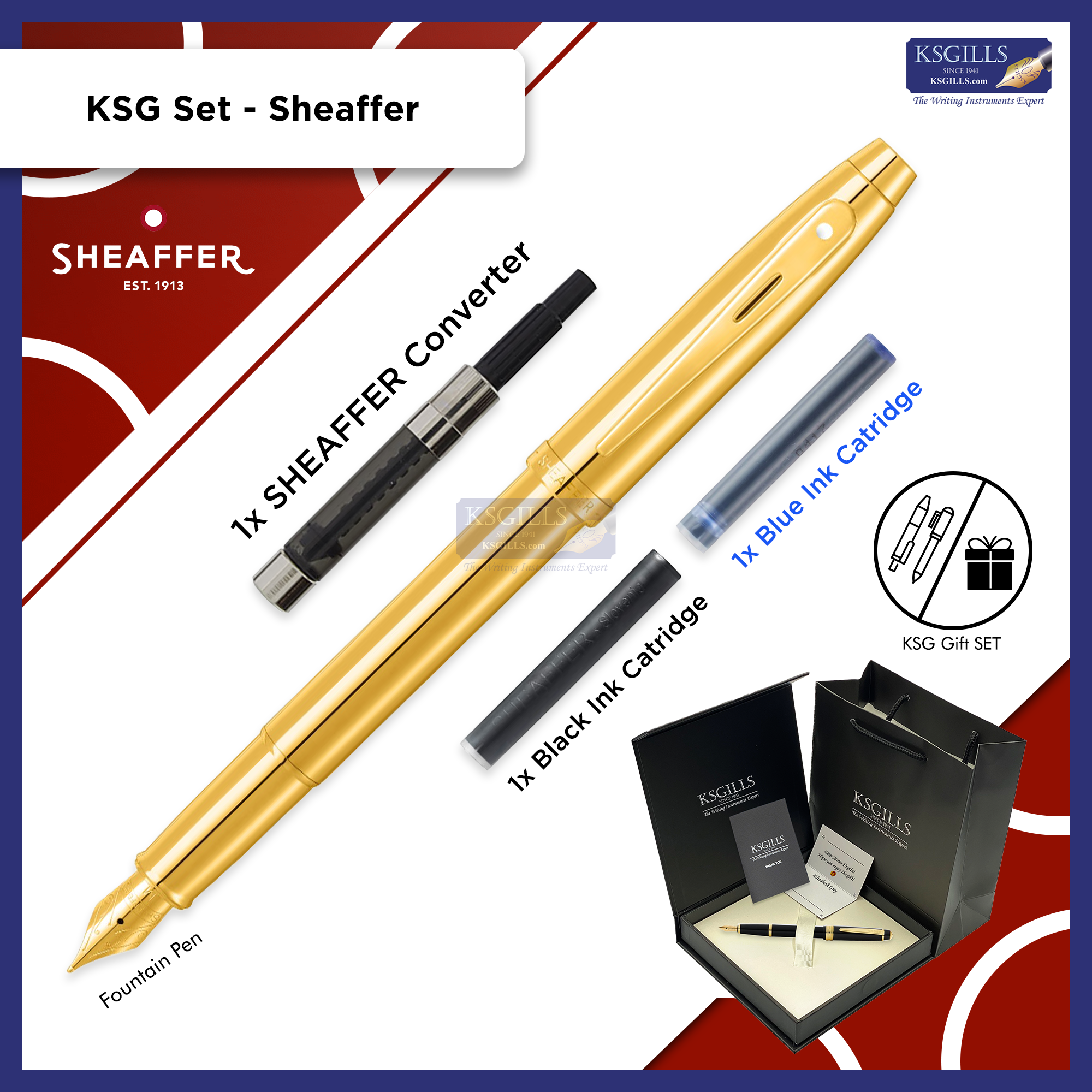 KSG set - Single Pen SET - Sheaffer 100 Fountain Pen - Gold - Glossy F ...