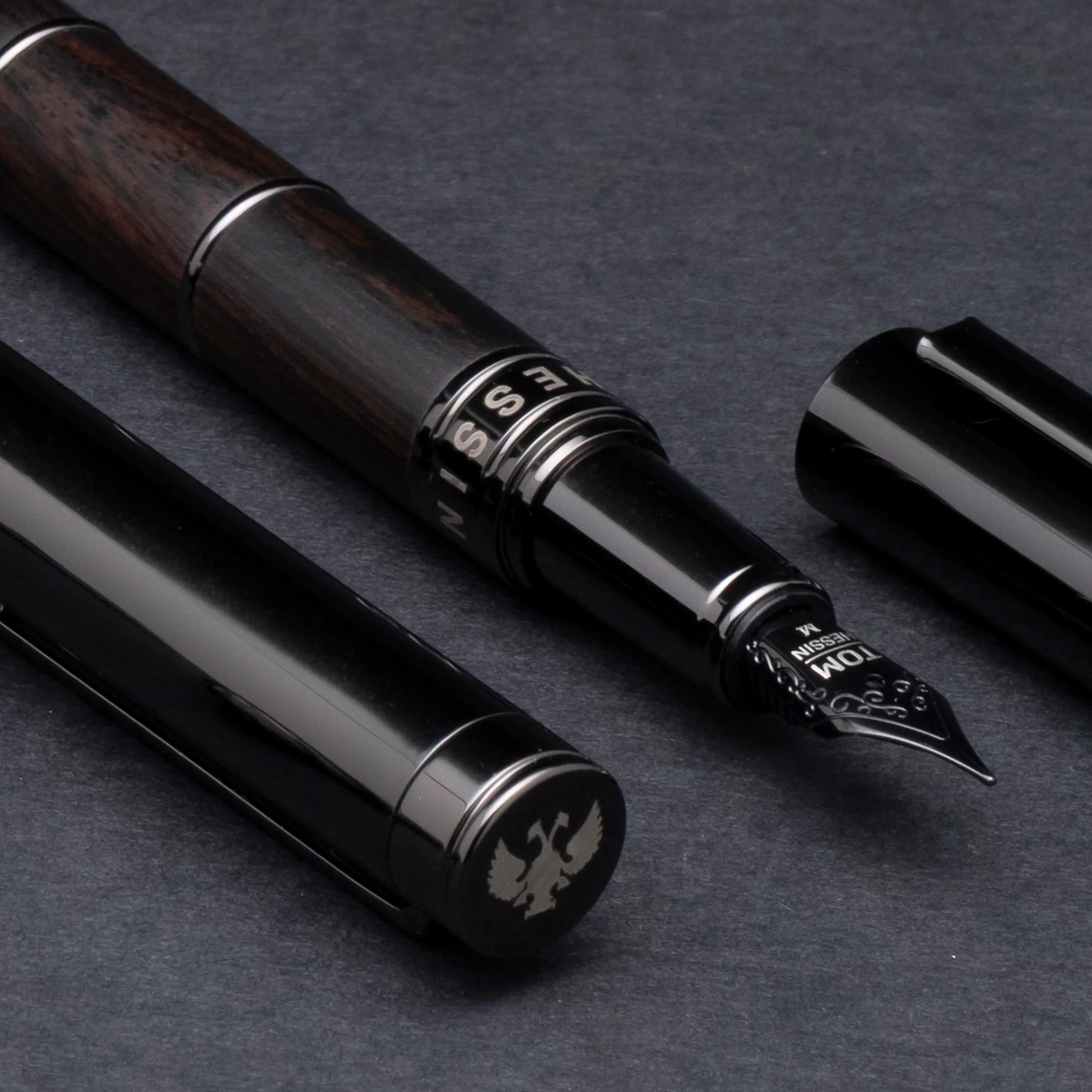 KSG set - Tom Hessin Revolution Fountain Pen - Charcoal Black Wooden Barrel Gunmetal Black Trim