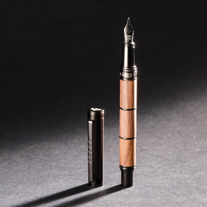 KSG set - Tom Hessin Revolution Fountain Pen - Rustic Light Brown Wooden Barrel Gunmetal Black Trim
